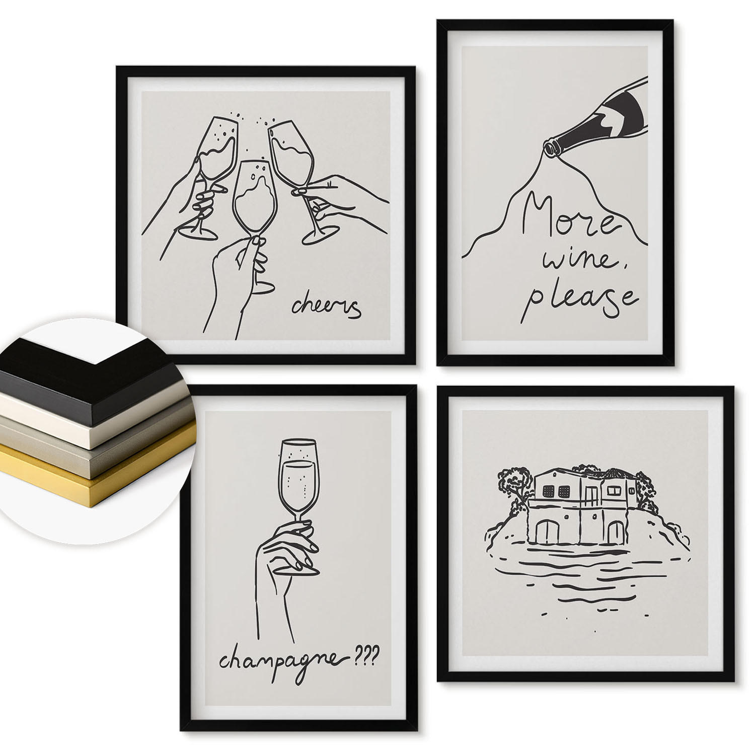 WANDBILDER 4er-Set - 50x50 cm & 40x60 cm Schwarzer Rahmen - Fröhliche Momente mit Champagner - Schwarz, Kunststoff (50/50cm) - ArtPrintCave