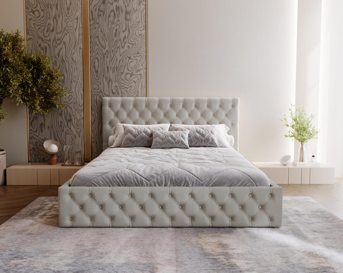 POLSTERBETT 140x200 Verti Slim, Chesterfield, Hellgrau - Hellgrau, Holz/Textil (140/200cm) - Emporius