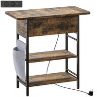 BEISTELLTISCH Nachttisch mit Steckdosenleiste, 2 Ebenen, Couchtisch mit USB - Schwarz/Braun, Metall (60/29.8/58.5cm) - HOMCOM