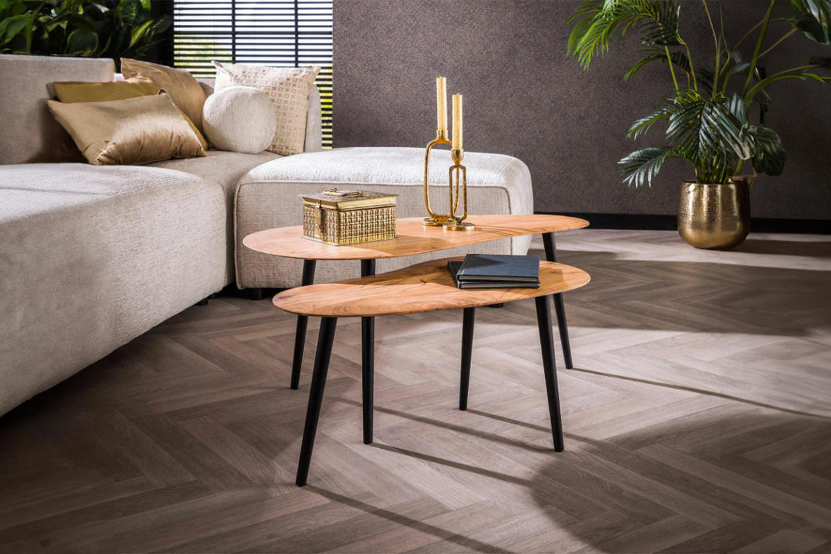 COUCHTISCH-SET RINA Braun Akazie - Schwarz/Braun, Holz/Metall (90/50/40cm) - KAWOLA