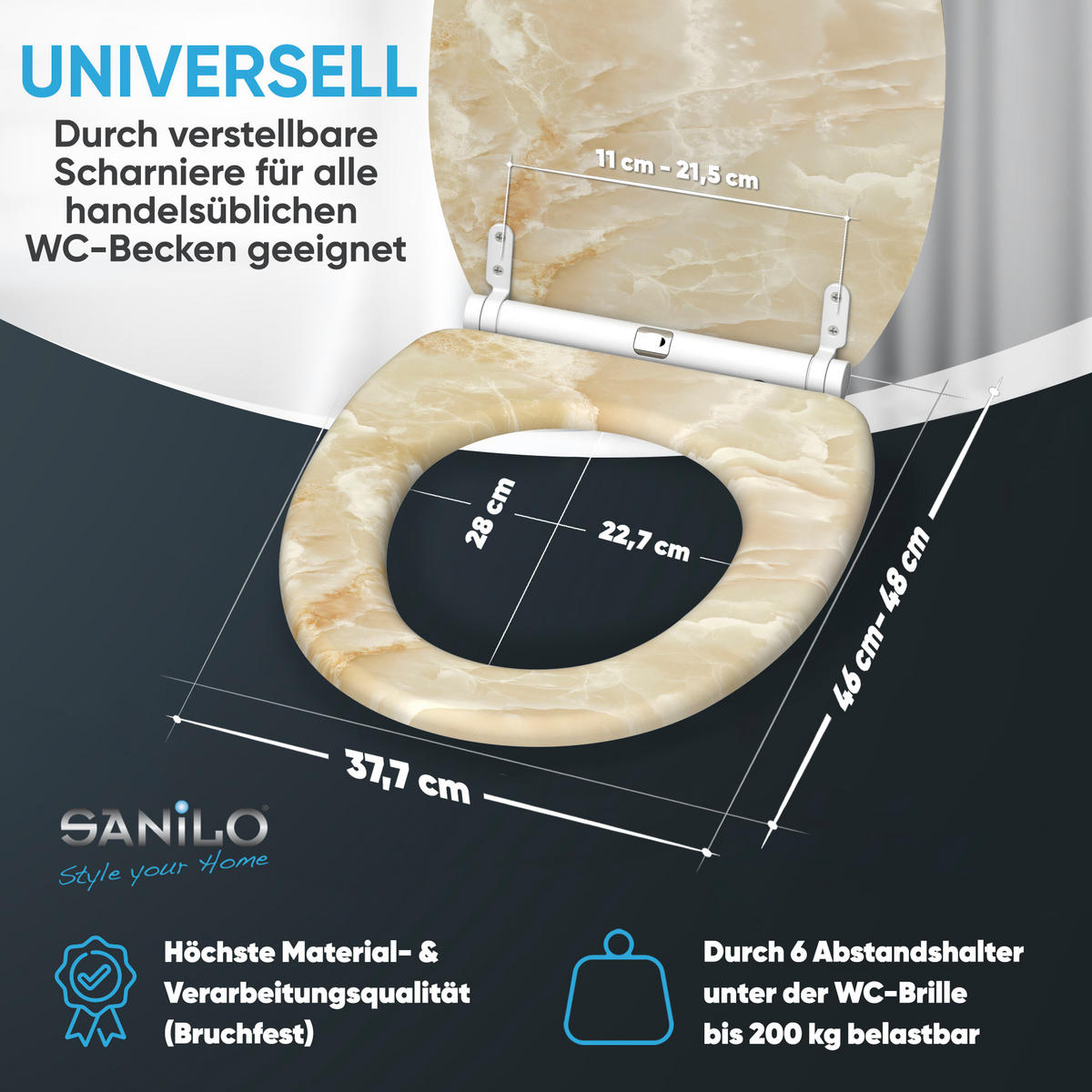 WC-SITZ mit Absenkautomatik & Top Fix Marmor Natur - Braun, Holzwerkstoff (37.7/5.5/48cm) - Sanilo