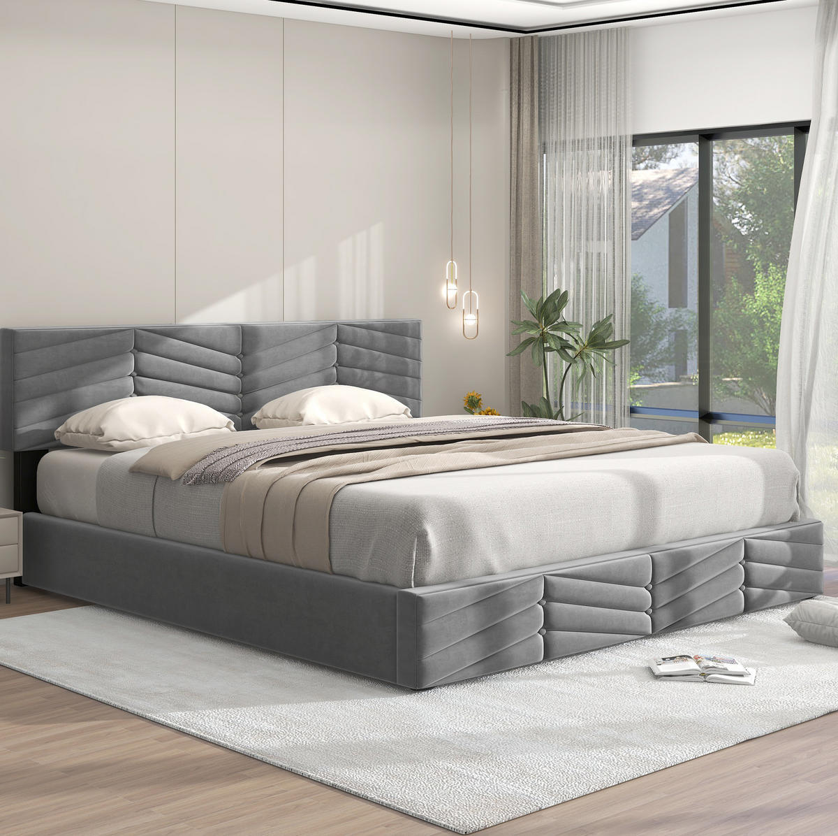 POLNJENA postelja iz žameta 180x200 cm siva z nastavljivim vzglavjem in hidravličnim prostorom za shranjevanje - siva, tekstil (180/200cm) - Modfu