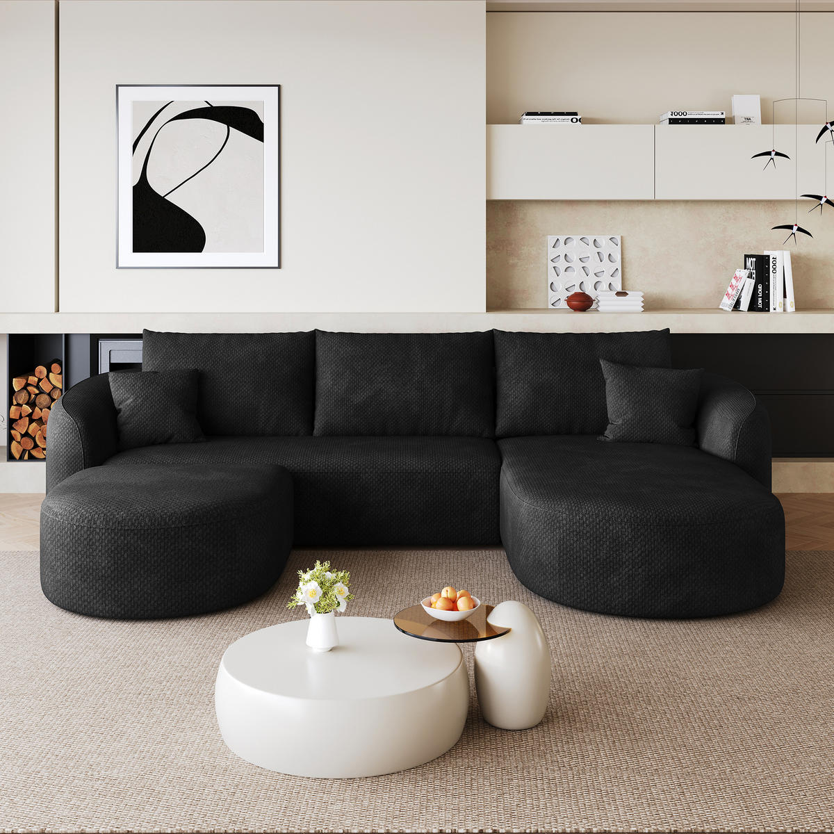 WOHNLANDSCHAFT Schwarz 266/168/85 cm 5-Sitzer Modular Chenillebezug - Schwarz, Textil (266/85/168cm) - PANGIVO