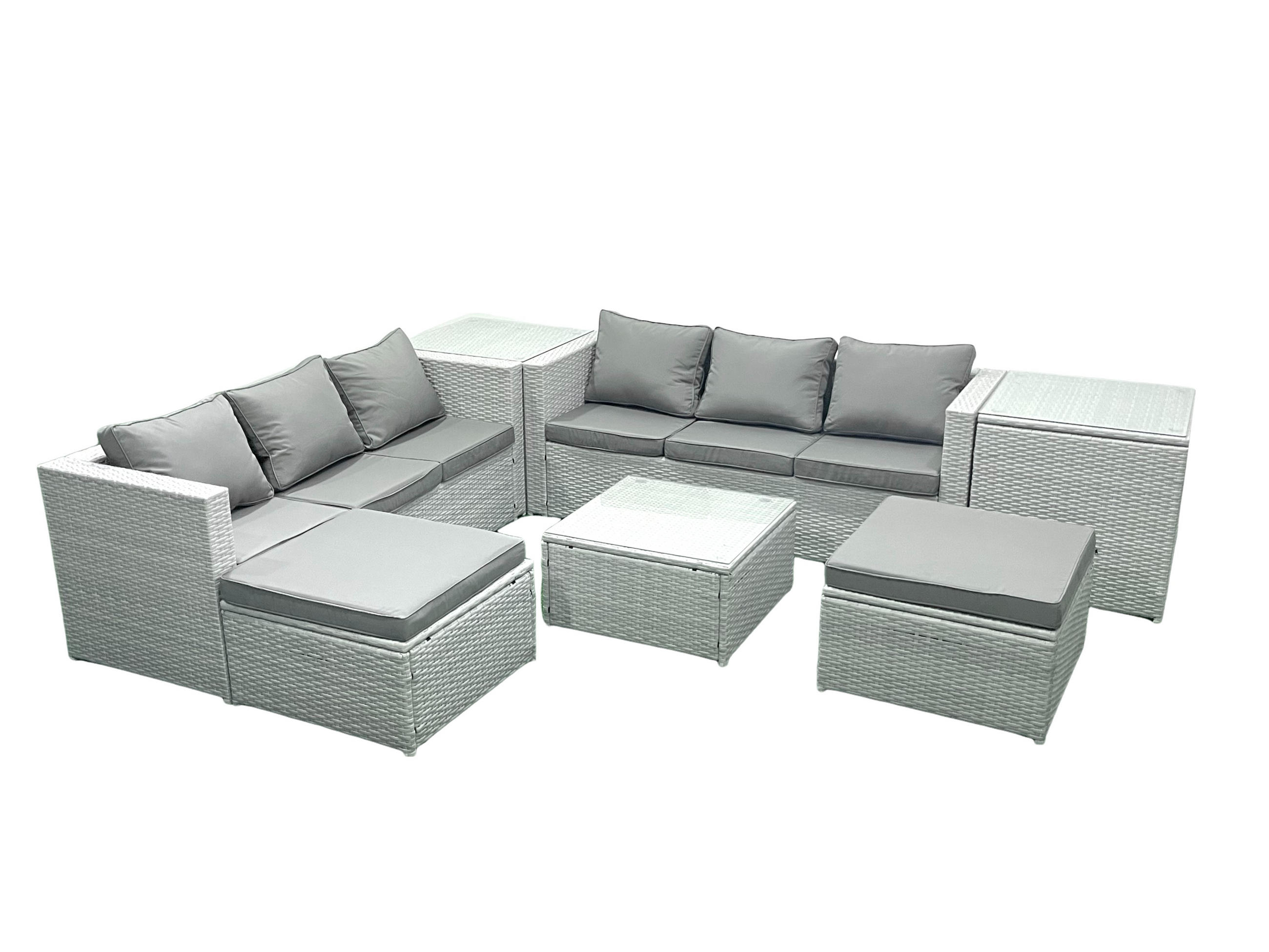 GARTENMÖBEL-SET mit Kissen Polyrattan Hellgrau-Mix 8-Sitzer - Hellgrau/Grau, Glas/Kunststoff - Fimous