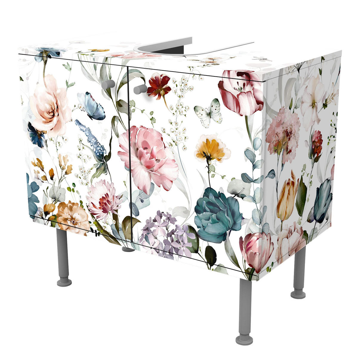 WASCHBECKENUNTERSCHRANK Rankende Blumen mit Schmetterlingen Aquarell 60/55/35 cm - Pastellblau, Holzwerkstoff (60/55/35cm) - Bilderwelten