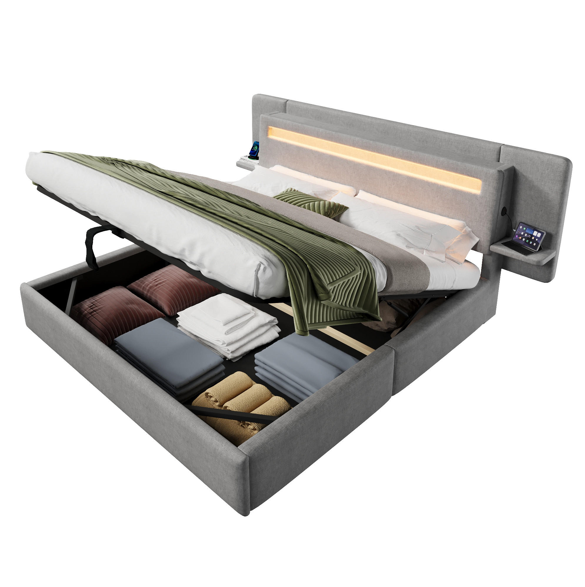 POLSTERBETT aus MDF und Leinen 180x200 cm Grau mit Bettkasten, LED-Beleuchtung, Nachttisch und USB-Anschluss - Grau, Textil (180/200cm) - Modfu