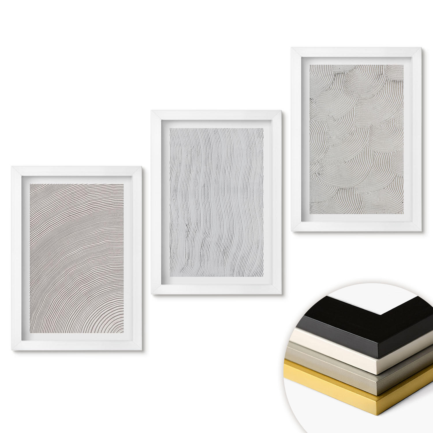 WANDBILDER 3er-Set - 20x30 cm Weißer Rahmen - Sandmuster geometrische Strukturen - Weiß, Kunststoff (20/30cm) - ArtPrintCave