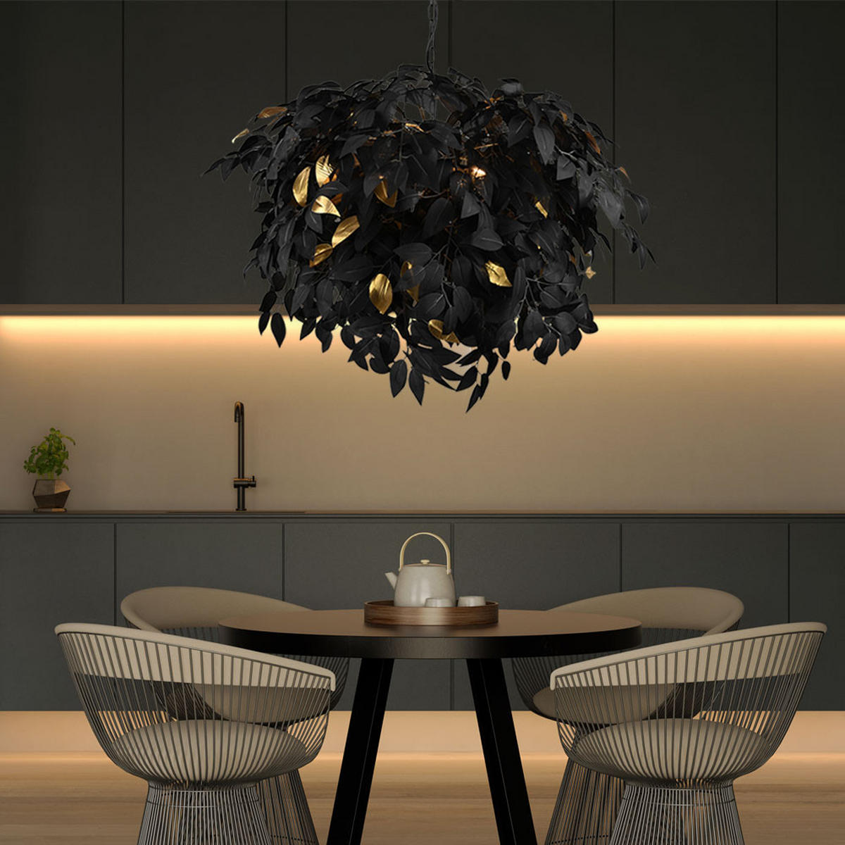 HÄNGELEUCHTE Blätter Schwarz Gold - Schwarz, Metall (70/70/150cm)