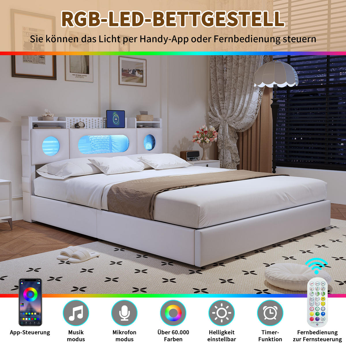 POLSTERBETT 140/200 cm Weiß mit hydraulischem Stauraum, LED-Kopfteil mit Ablage und USB-Anschluss - Weiß, Metall (140/200cm) - EuroLiving