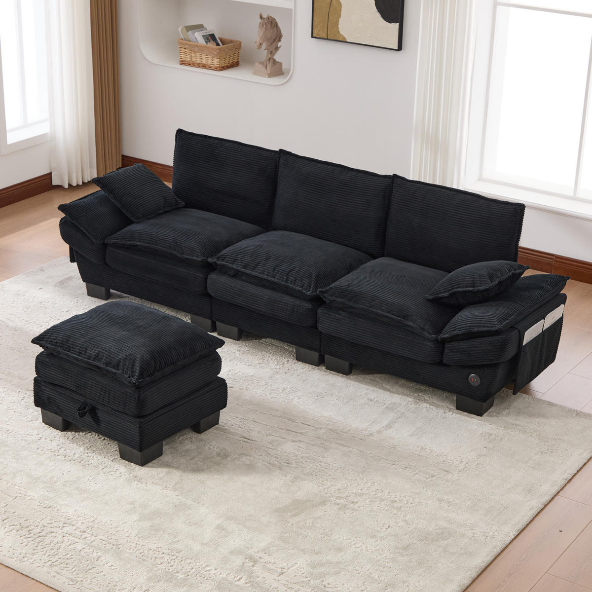 SOFA modulares 3-Sitzer mit Hocker 260 x 132 cm Corduroy Schwarz - Schwarz, Kunststoff (132/260.1cm) - Meubliv