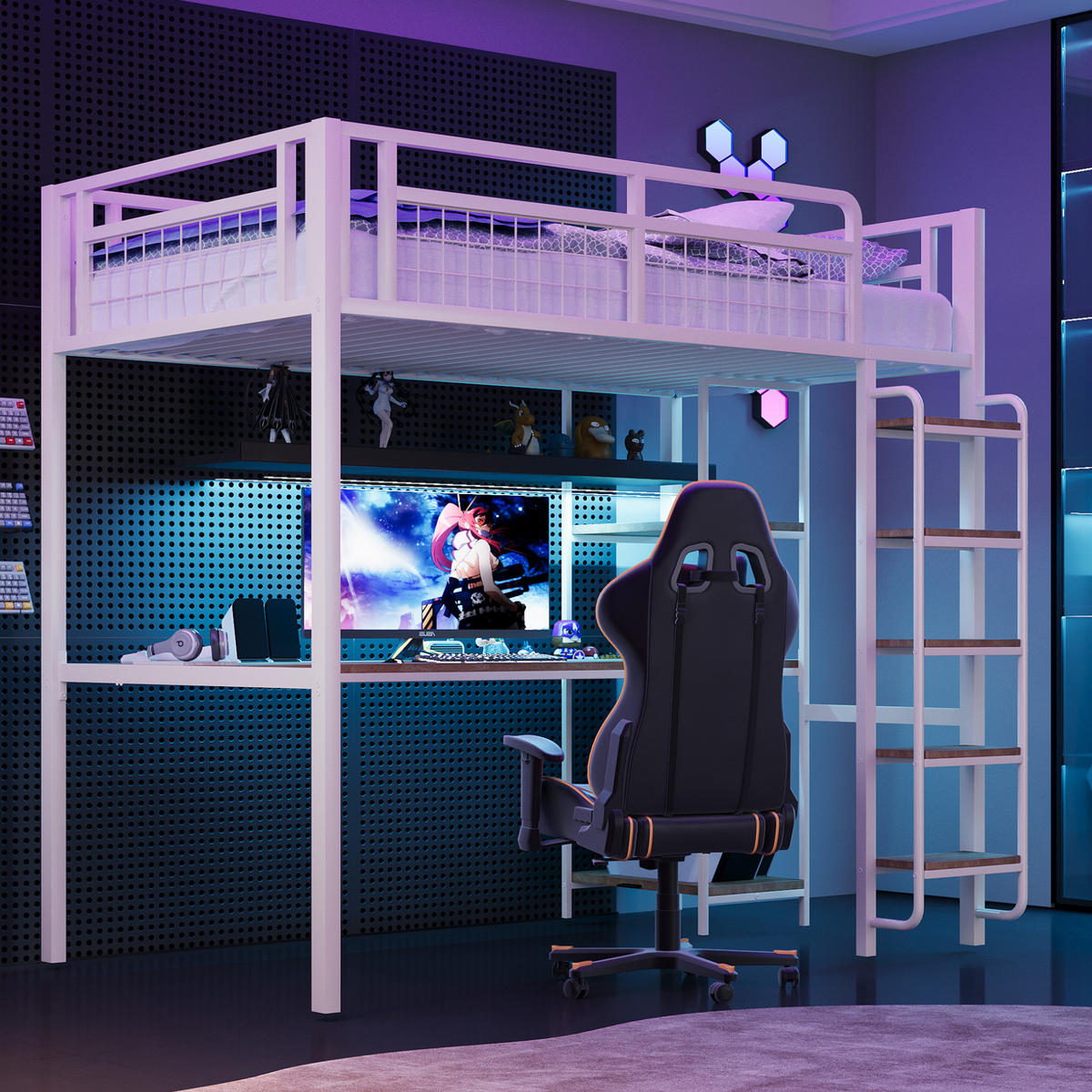 HOCHBETT 90/200 cm weiß aus Metall mit Tisch und Regalen - Weiß, Metall (90/200cm) - OKWISH