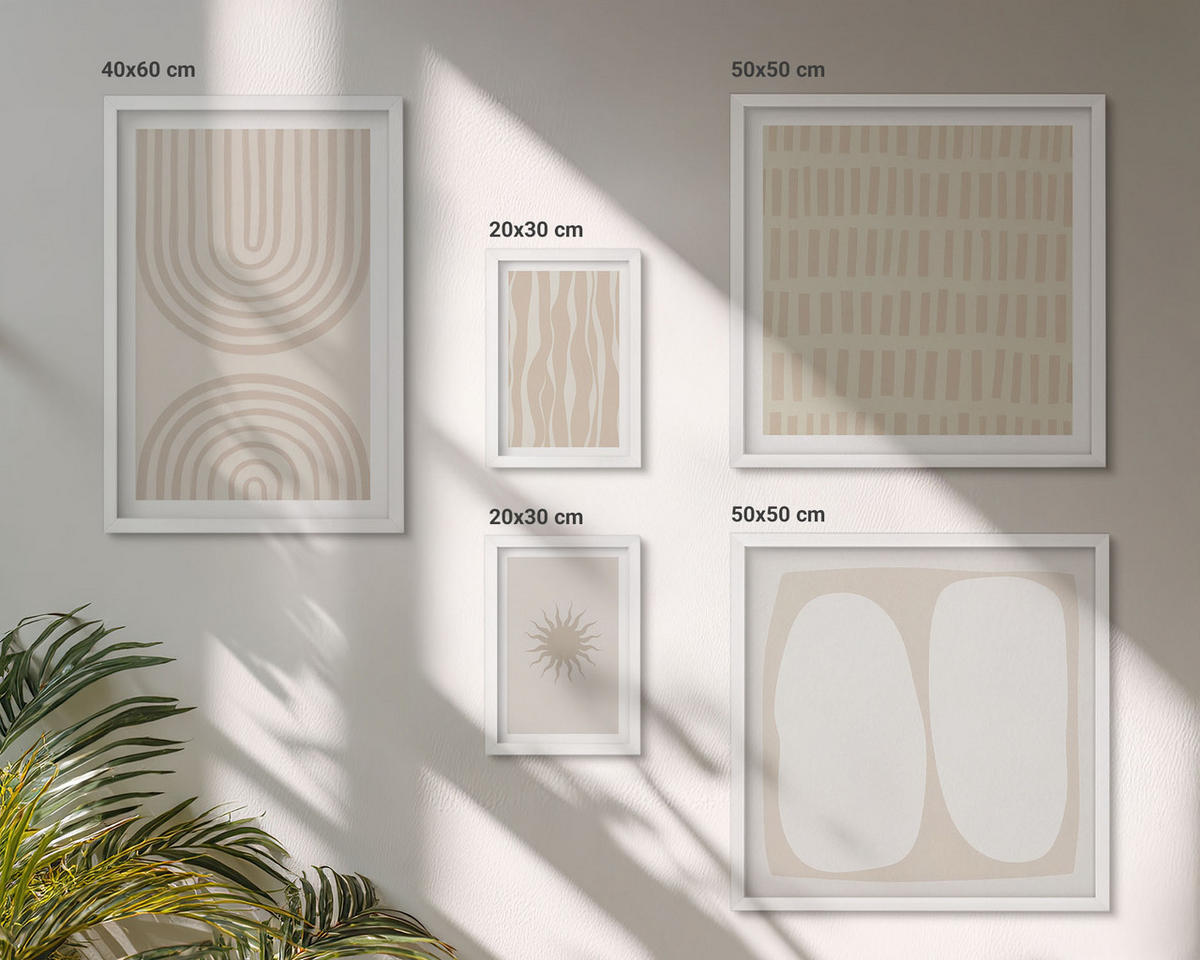 BILDER SET 5er Set - 50x50 cm & 20x30 cm & 40x60 cm Weißer Rahmen - Abstrakte Boho-Musterformen - Weiß, Kunststoff (40/60cm) - TULUP