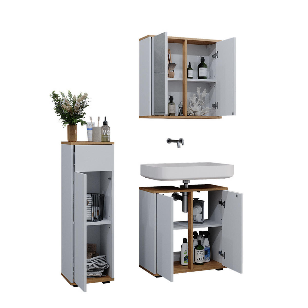 BADMÖBEL-SET Didi Weiß/Artisan 3 Teile Midischrank mit mit Schubladen 60 cm - Weiß/Eiche Artisan, Holzwerkstoff (60/62/30cm) - Vicco