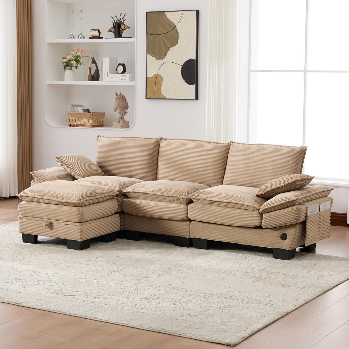MODULÁRNÍ 3místná pohovka z manšestru 260x132x84 cm khaki s taburetem, USB-C portem a bočními kapsami - béžová, textil (132/260cm) - Modfu