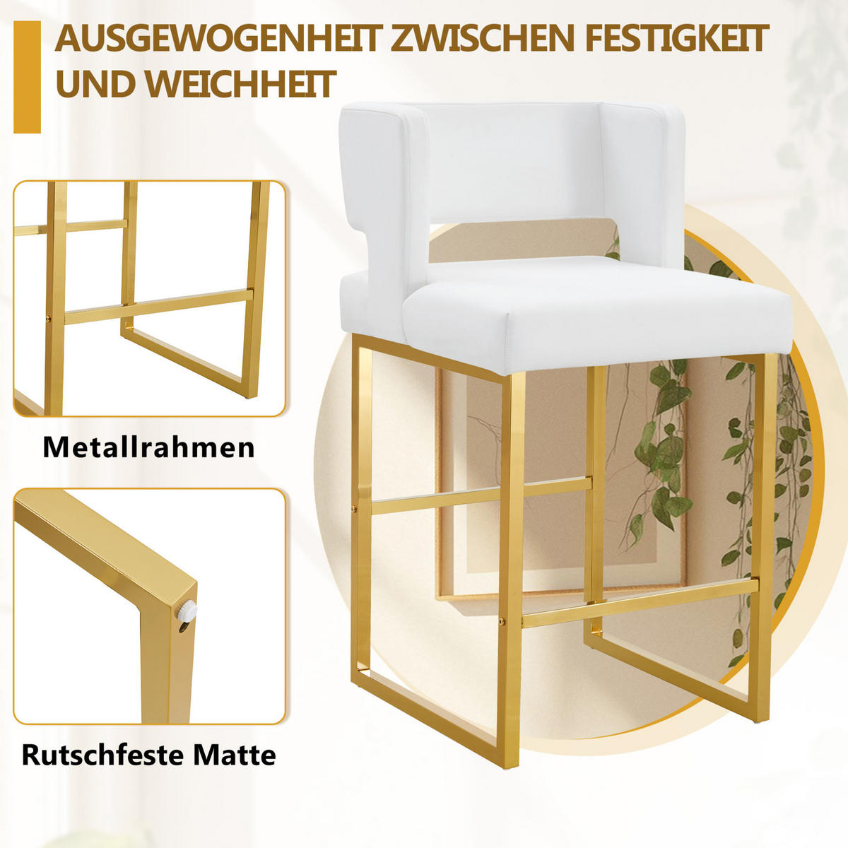 BARSTUHL Weiß mit goldfarbenen Metallbeinen - Weiß, Metall (53.3/91.4/48cm) - MIVRAY