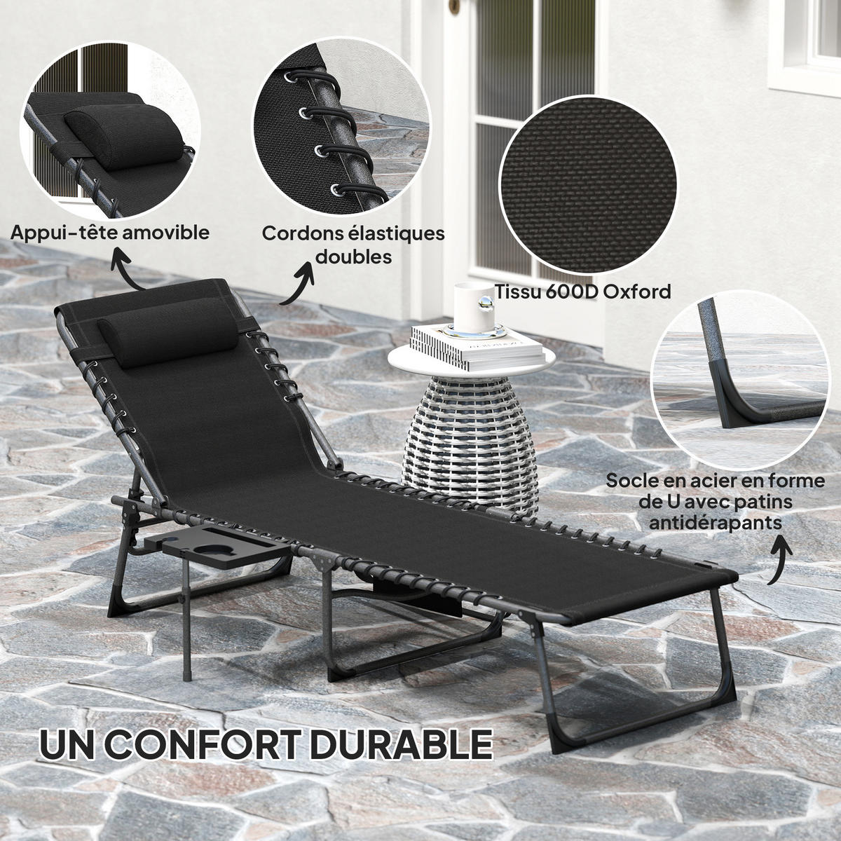 SONNENLIEGE DE-15647 5-fach verstellbar mit Tablett Schwarz - Schwarz, Metall (60/31/190cm) - ComfortXL