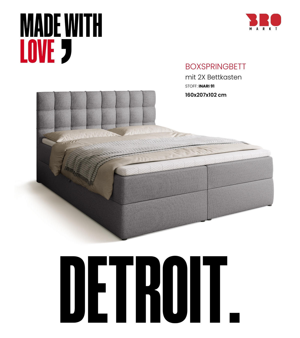 BOXBETT Detroit mit Topper 160/200 Grau - Grau, Textil (160/200cm) - Bromarkt