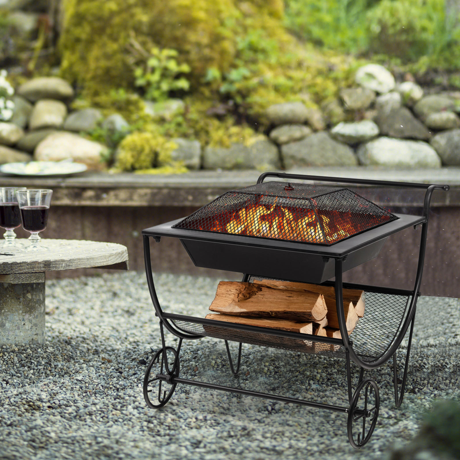BRENNHOLZREGAL Schwarz - Schwarz, Metall (59/57/76cm) - COSTWAY