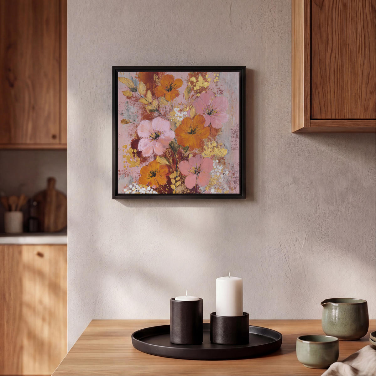 LEINWAND Bilder mit Rahmen - Malerei - Blumen - Rustikal - Rosa - 20x20 - Altrosa, Textil (20/20cm) - MuchoWow