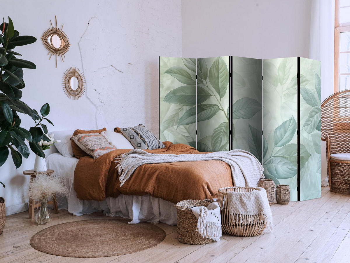 PARAVÁN Akustický 5-dielny 225x172 cm Botanický Motív - modrá, drevo/textil (225/172/3cm) - Muralo