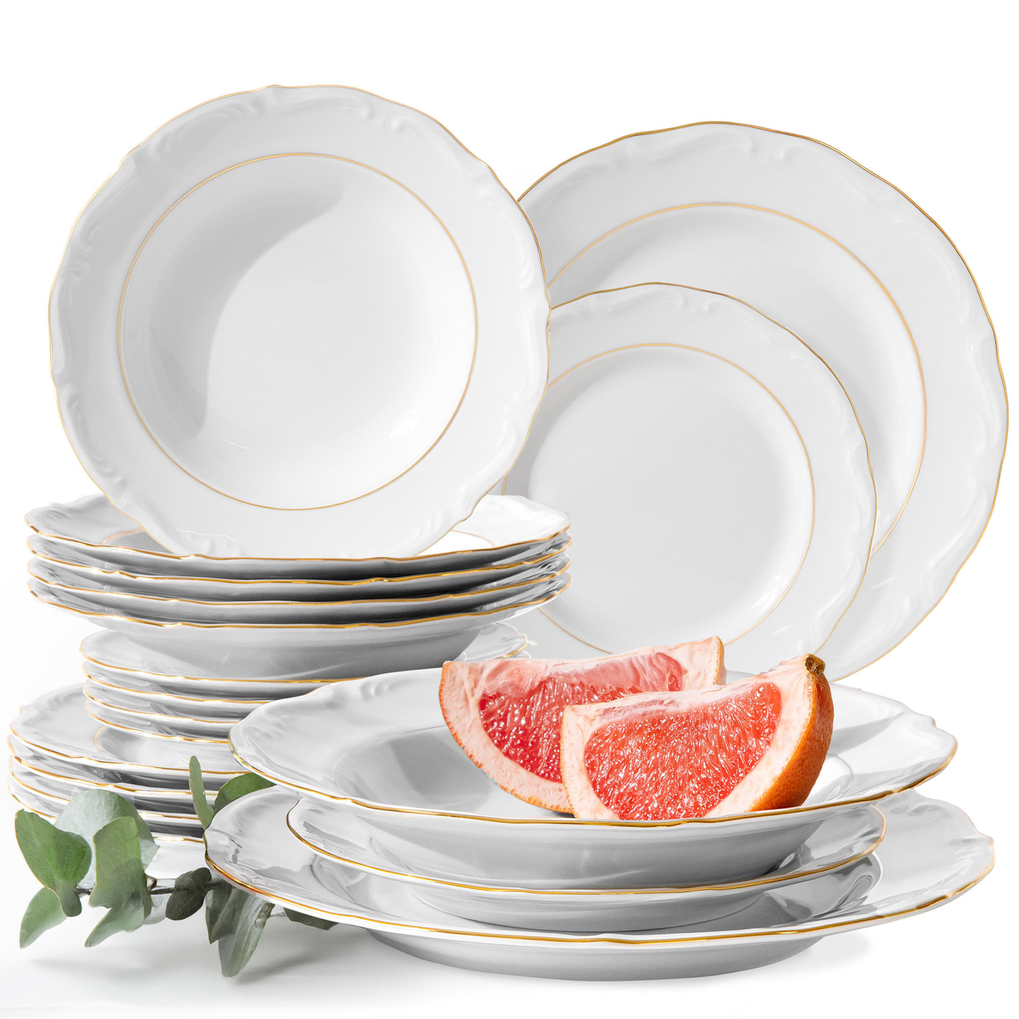 TAFELSERVICE 6 Personen Chodziez MARIA TERESA 18-tlg Porzellan mit Goldrand, Weiß / Gold - Goldfarben/Weiß, Keramik (25/2/25cm) - KONSIMO®