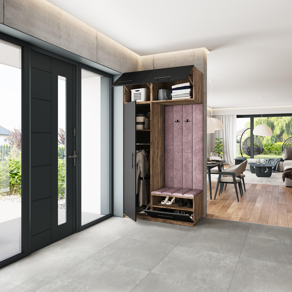 GARDEROBENSCHRANK REMA 120/240/60 cm Modern Garderobe-Set Eiche Lefkas - Eichefarben/Lila, Holzwerkstoff (120/240/60cm) - MASSENO