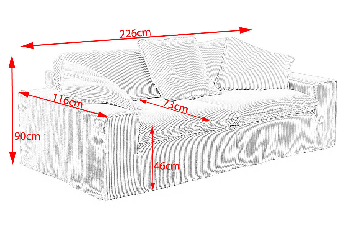 SOFA NETTA Cremeweiß Cord - Creme/Braun, Birkenholz/Textil (226/90/116cm) - KAWOLA
