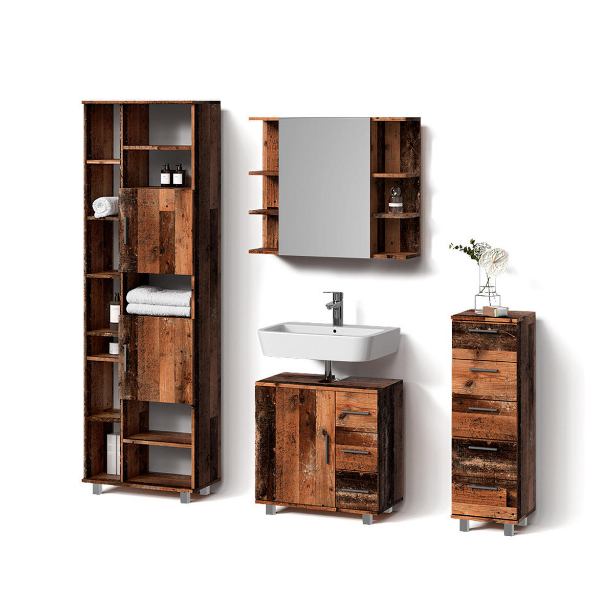 BADMÖBEL-SET Eisak Eiche rustikal 4 Teile - Wildeiche, Holzwerkstoff (60/60/33cm) - Livinity®