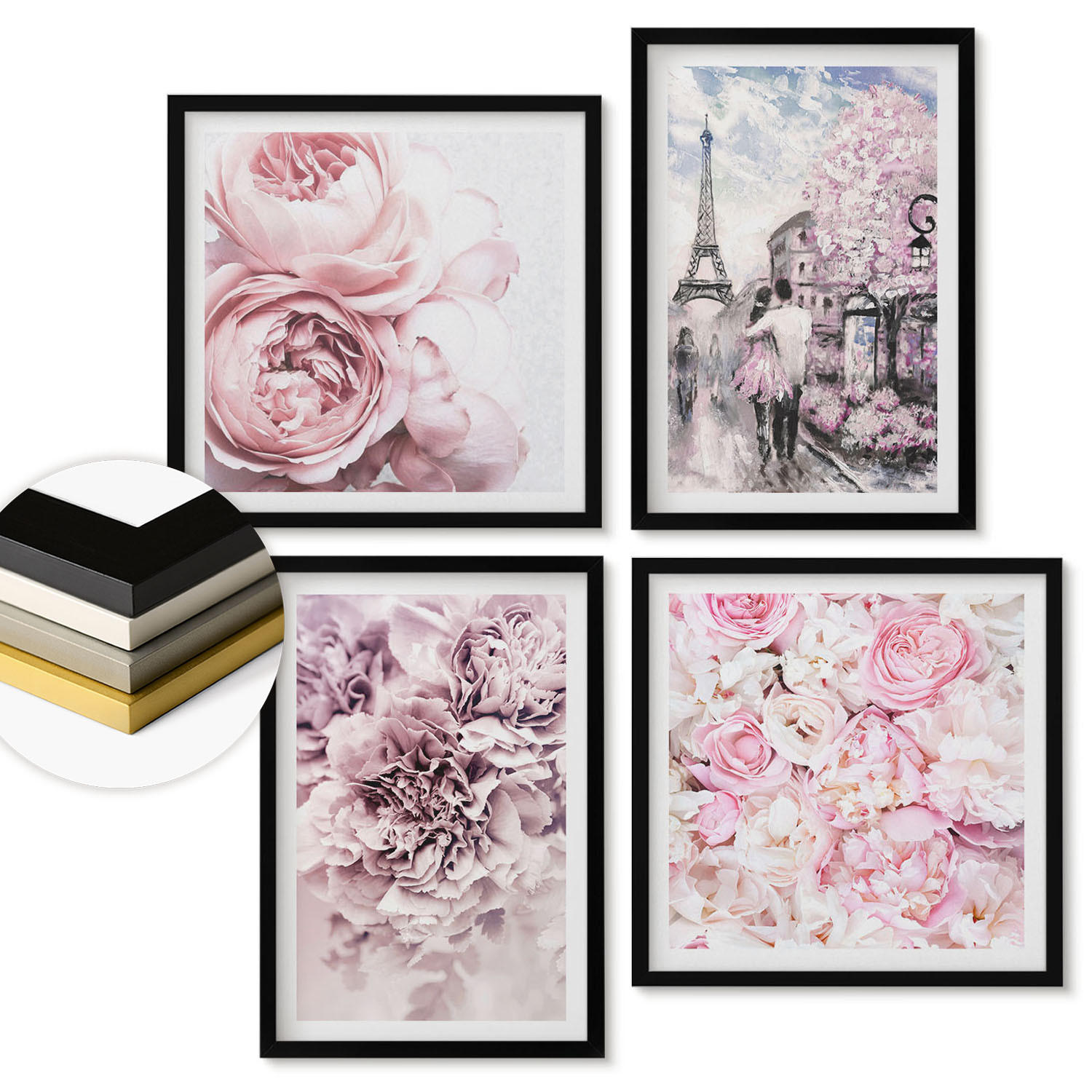 WANDBILDER 4er-Set - 50x50 cm & 40x60 cm Schwarzer Rahmen - Rosa Blumen, romantische Landschaft - Schwarz, Kunststoff (50/50cm) - ArtPrintCave