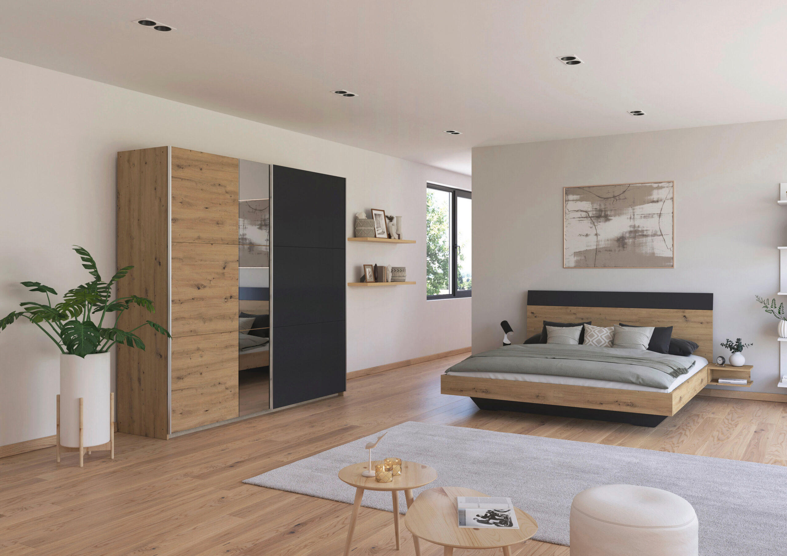 SCHLAFZIMMER Monza in Eiche Artisan und Grau Metallic mit Bettanlage 180x200cm, 2 Nachttischen und Schwebetürenkleiderschrank 4türig mit Spiegel - Braun, Holzwerkstoff (80/200/120cm)