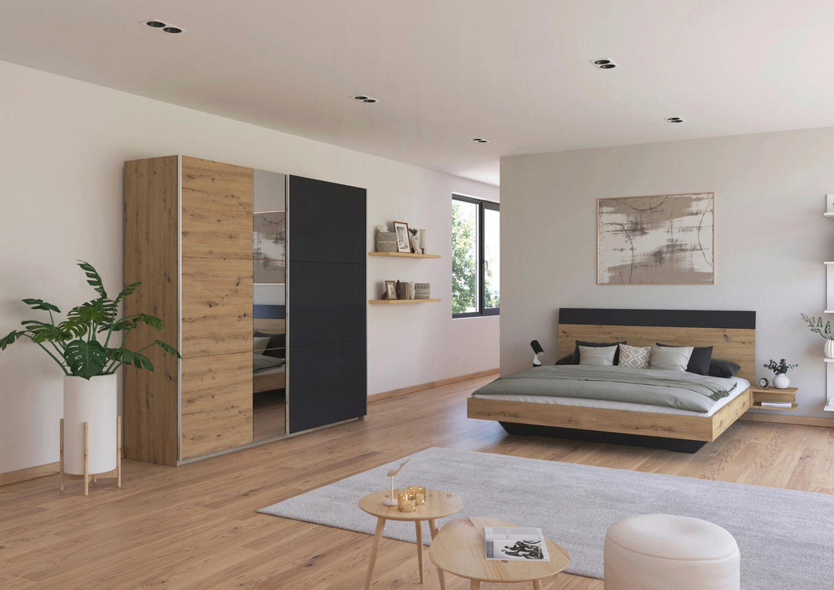 SCHLAFZIMMER Monza in Eiche Artisan und Grau Metallic mit Bettanlage 180x200cm, 2 Nachttischen und Schwebetürenkleiderschrank 4türig mit Spiegel - Braun, Holzwerkstoff (80/200/120cm)