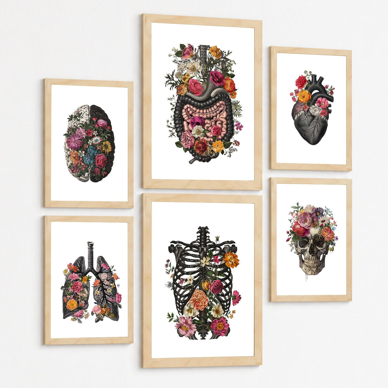 POSTER Set aus 6 Botanische Anatomie Drucke mit Herz Lungen Wirbelsäule Becken und Rippen Beige Terrakotta Erdtöne Florales Schwarzer Rahmen A3 & A4 - Schwarz, Papier (21/29.7/3cm) - Nacnic
