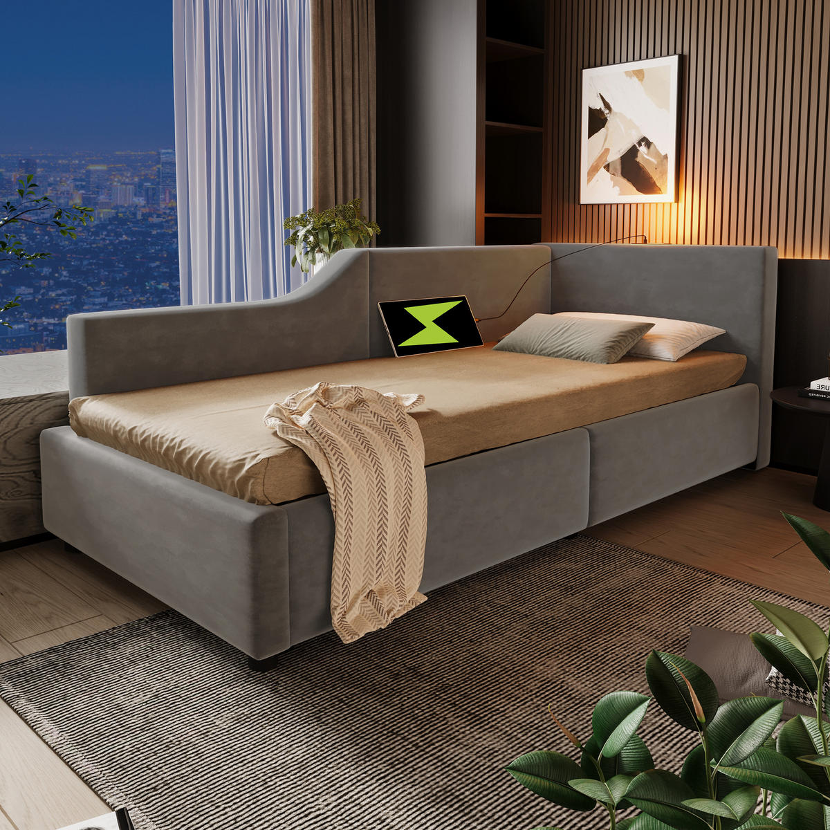 TAGESBETT 90/190 cm Grau mit hydraulischem Stauraum und USB-C-Ladefunktion - Grau, Textil (90/190cm) - OKWISH