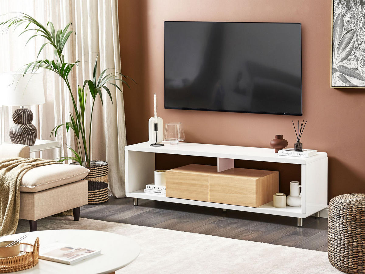 TV-MÖBEL Weiß, Hellbraun KNOX 39/159/50 cm - Weiß, Holzwerkstoff (159/50/39cm) - Beliani