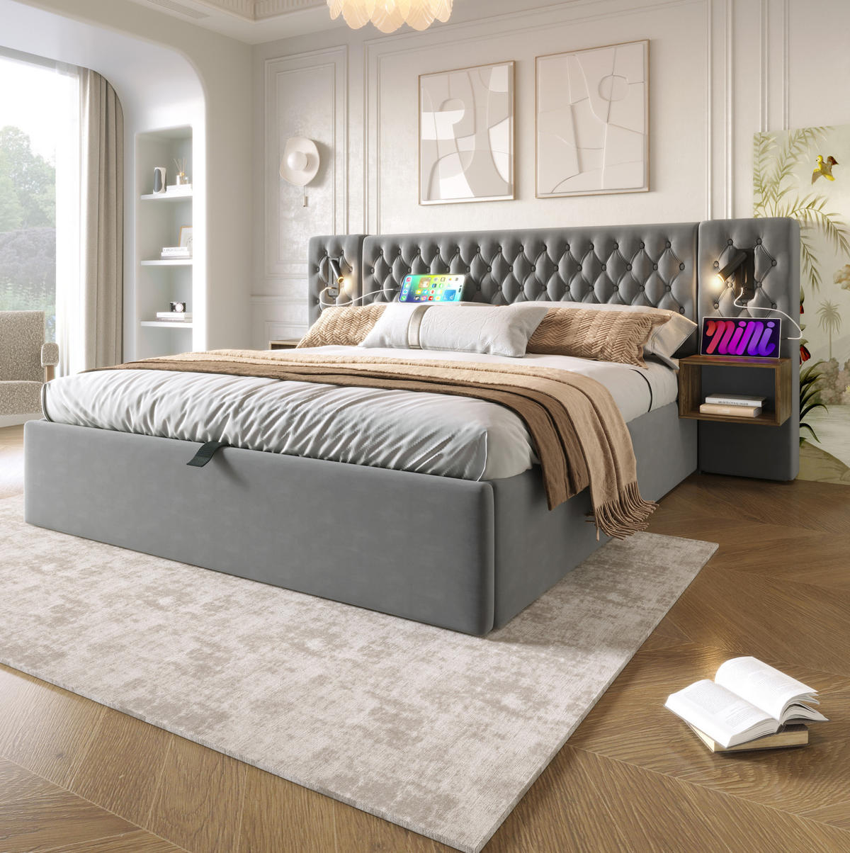 POLSTERBETT aus Samt 180x200 cm in Grau mit Stauraum, USB & Type-C - Grau, Textil (180/200cm) - Modfu
