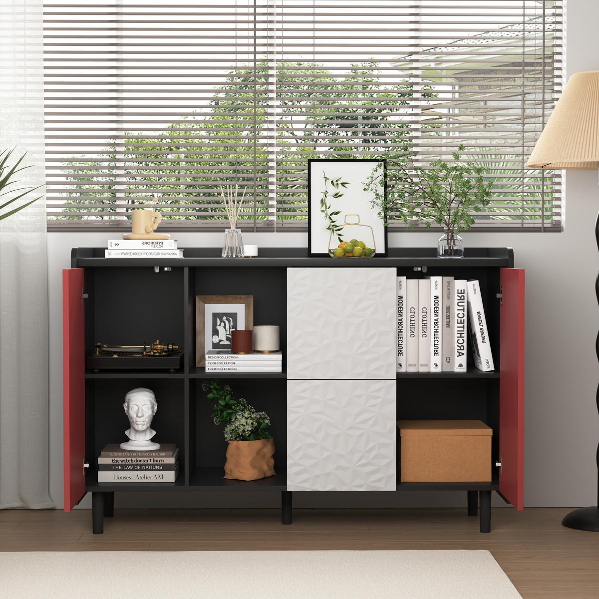 SIDEBOARD 120/40/80 cm, MDF Schwarz/Rot mit 2 Schubladen, offenem Fach und Tür, Schwarz/Rot - Rot, Holzwerkstoff (120/80/40cm) - Redom