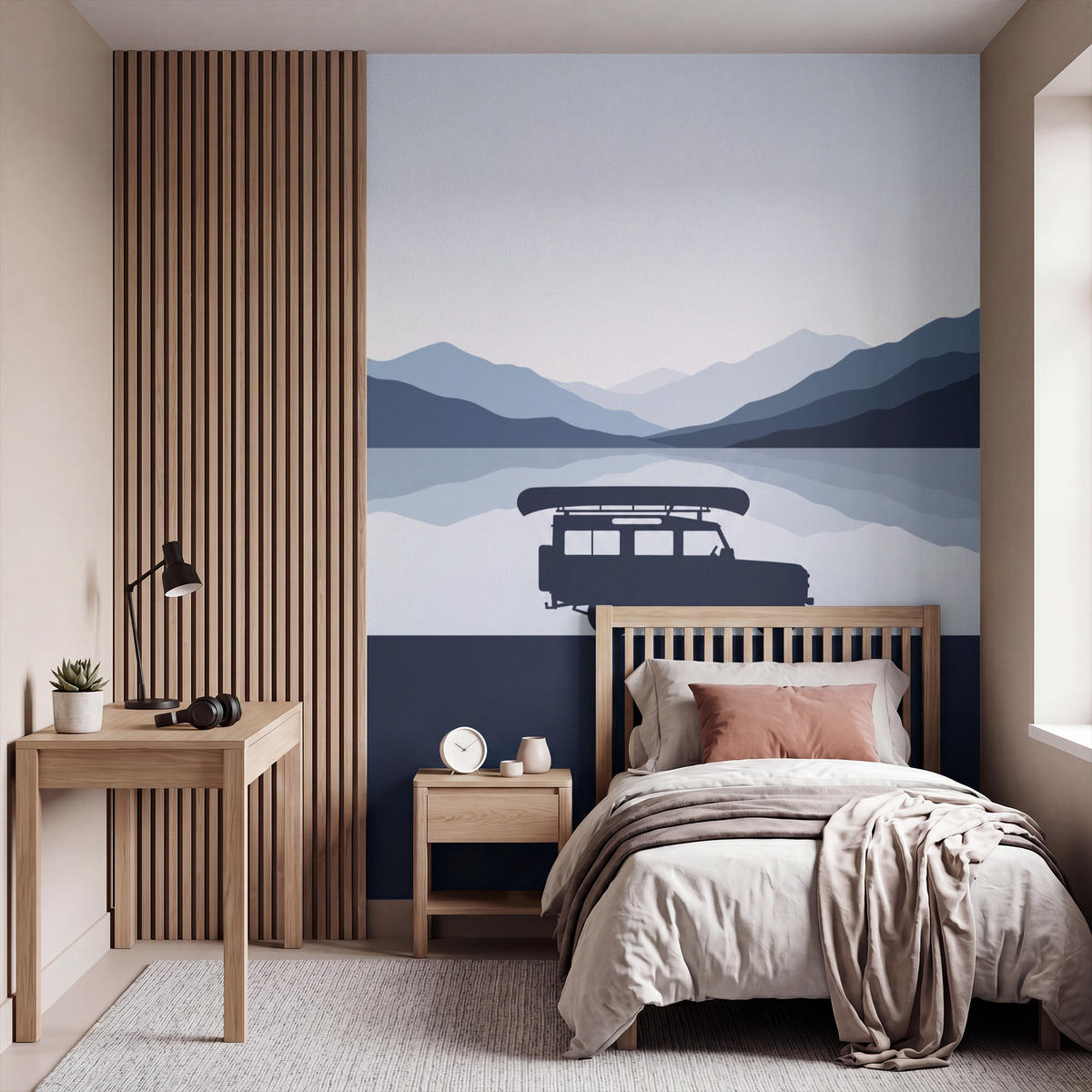 KINDERTAPETE - Auto - See - Berge - Blau - 200x280 cm - Blaugrau, Papier (200/280cm) - OnlyWow