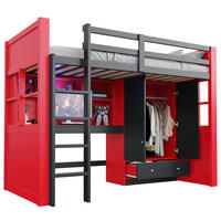 HOCHBETT 90/200 cm in Schwarz & Rot mit LED, Steckdosen, Schrank und Schubladen - Rot, Holz/Holzwerkstoff (90/200cm) - WISHDOR