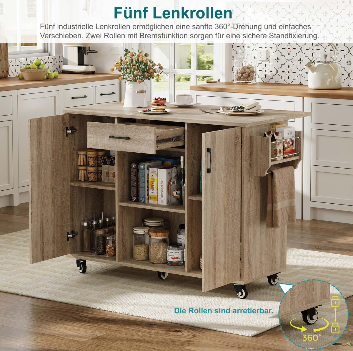 KÜCHENWAGEN mit klappbarer Arbeitsplatte 120 cm Natural - Naturfarben, Holz (67.5/92.8/136.5cm) - Beauniv