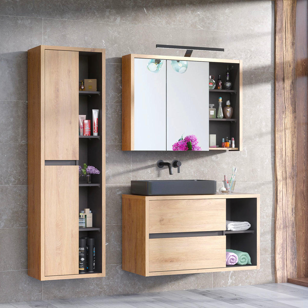 WASCHTISCHUNTERSCHRANK 100cm Rigel Holz und Anthrazit - Braun, Holzwerkstoff (100/60/45.5cm) - Petits-meubles