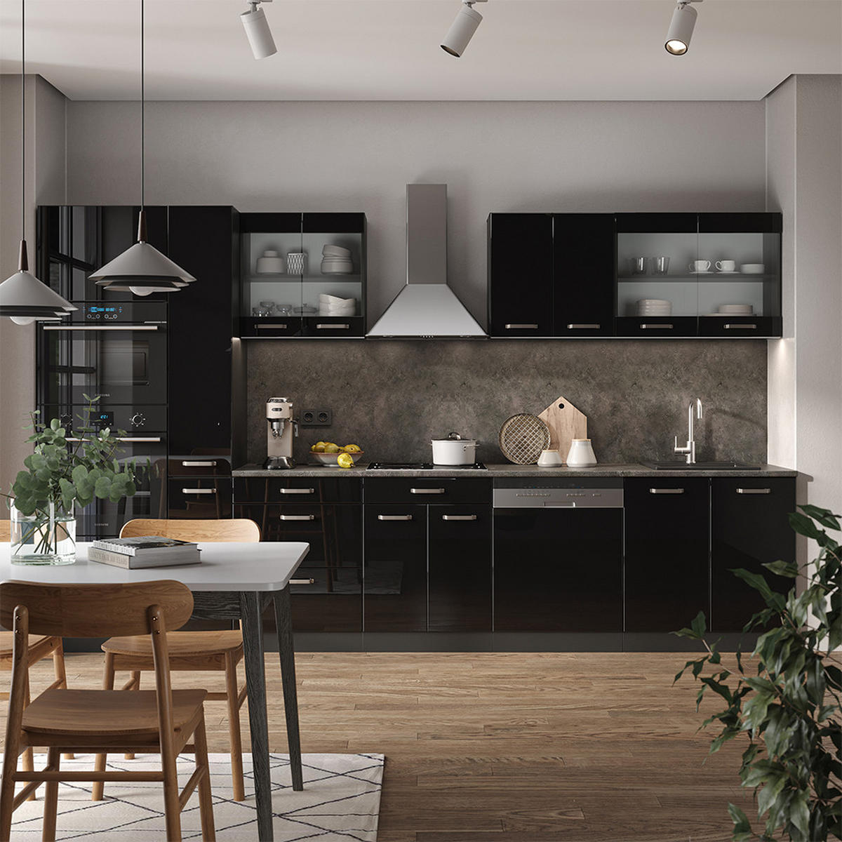 KÜCHENZEILE R-Line Schwarz Hochglanz 350 cm mit Hochschrank, AP Marmor - Schwarz Hochglanz/Anthrazit, Holzwerkstoff (350/81.6/60cm) - Vicco
