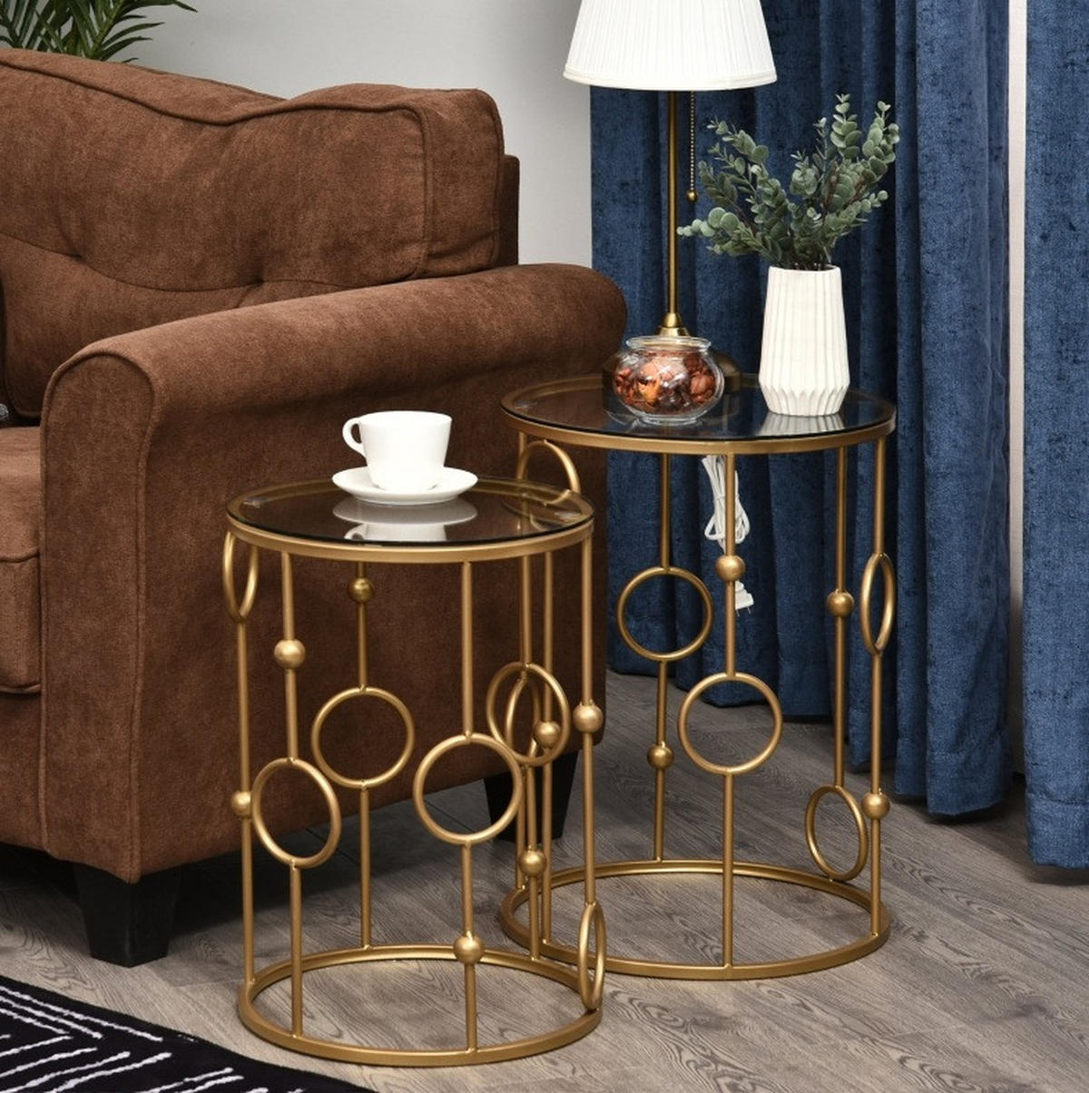 BEISTELLTISCH 2er-Set 41/57 cm in Gold mit Glasplatte und Nesting-Funktion - Goldfarben, Metall (41/41/57cm) - Flora Grace