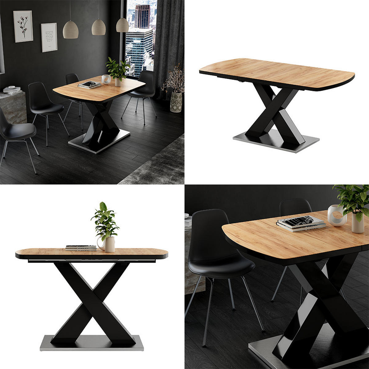 ESSTISCH Chinto Schwarz/Eiche rustikal 120 x 80 cm ausziehbar - Wildeiche/Schwarz, Holzwerkstoff (80/120/76cm) - Vicco