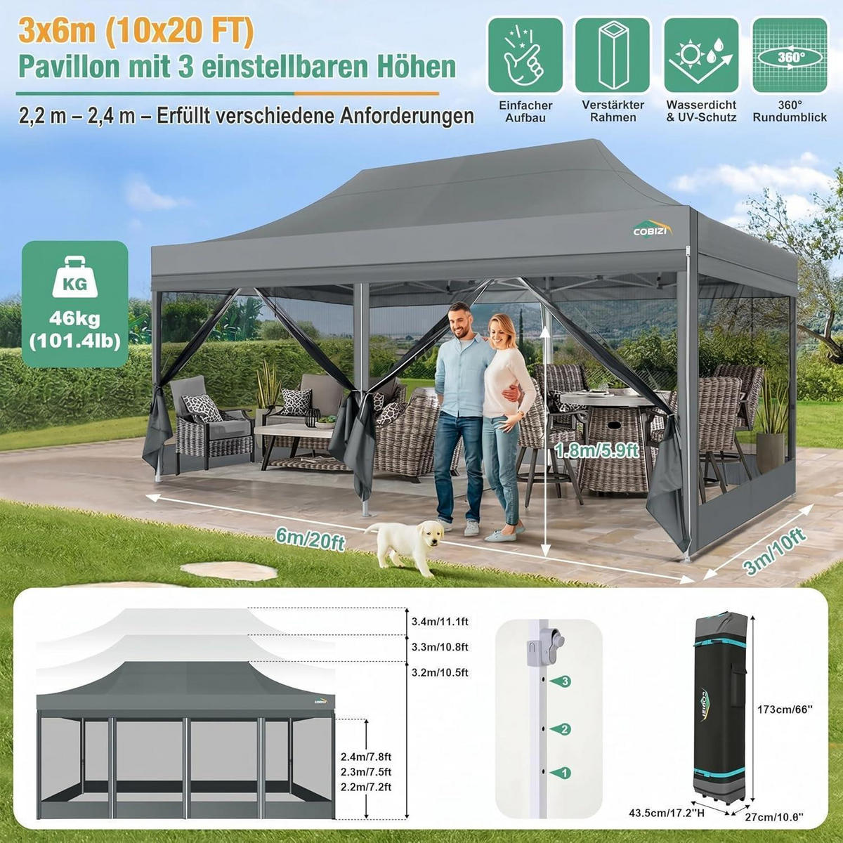 FALTPAVILLON 3 x 6 m mit Moskitonetz Grau - Grau, Textil (300/275/600cm)