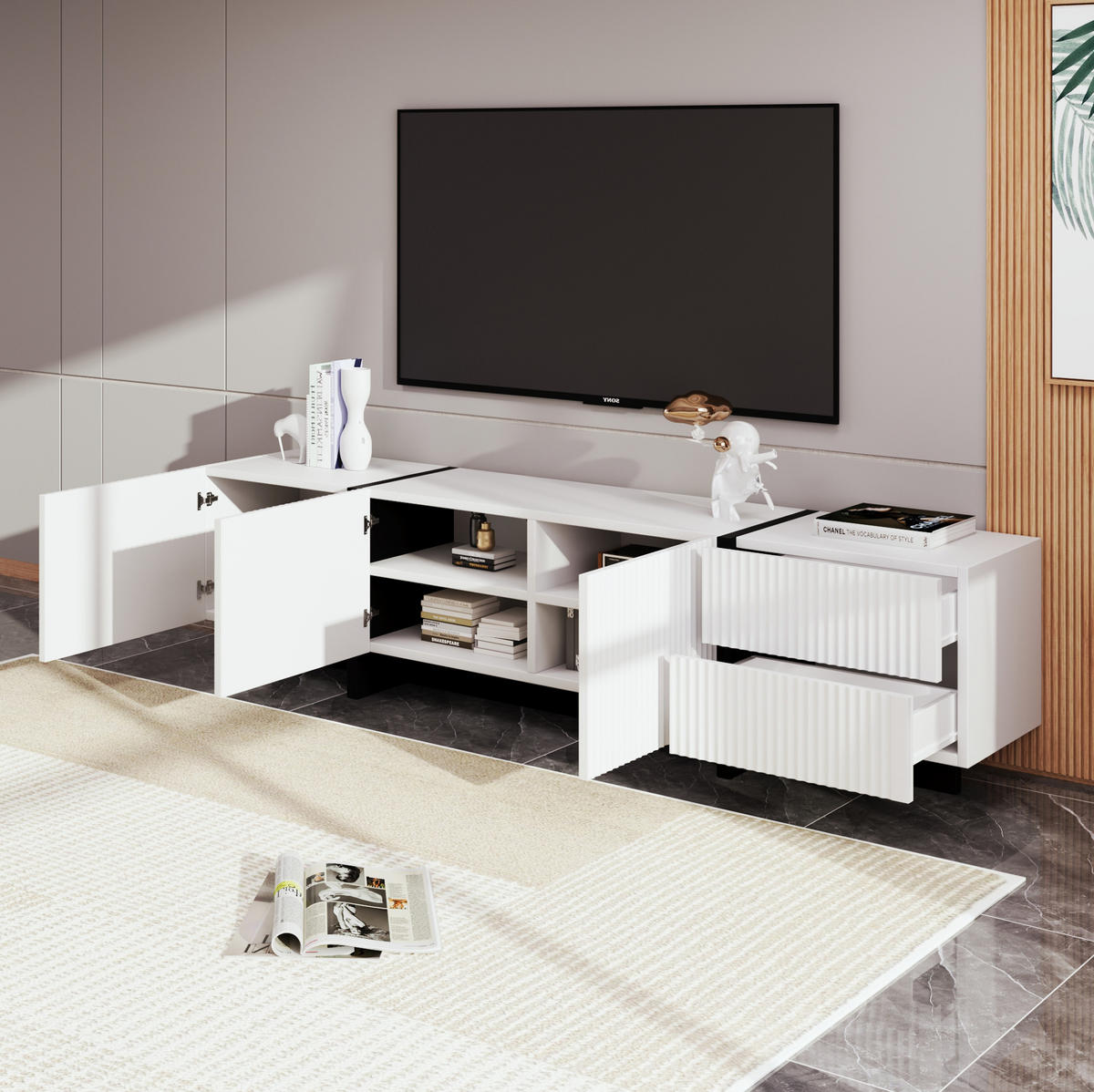 TV-SCHRANK Hochglanz in Schwarz mit 4 Türen 170/35/46 cm - Weiß, Holzwerkstoff (190/45/35cm) - Redom