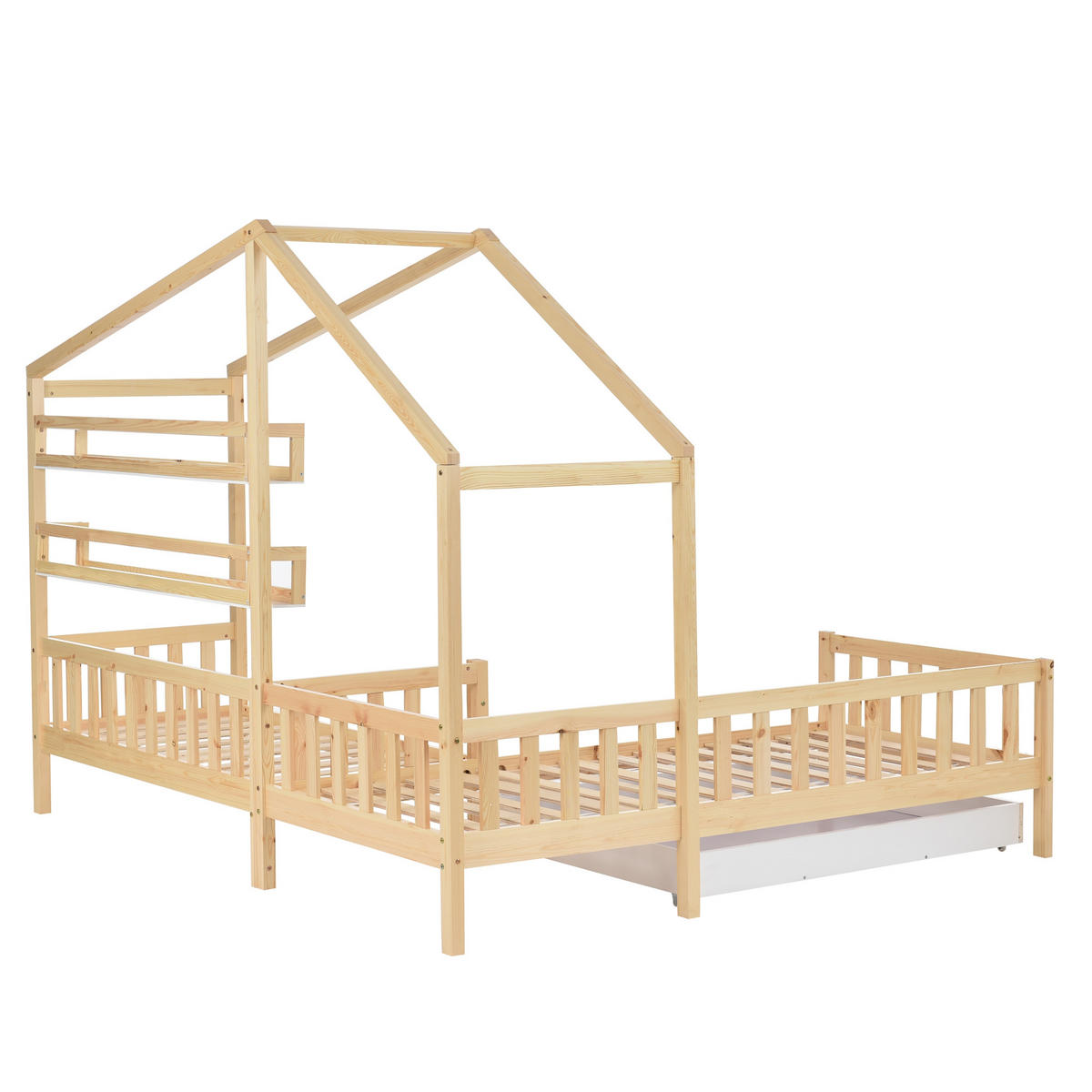 HAUSBETT 90/200 cm & 140/70 cm in Natur Kinderbett mit Schublade und Regalen aus Massivholz in L-Form - Naturfarben, Holzwerkstoff (90/200cm) - STILVORA