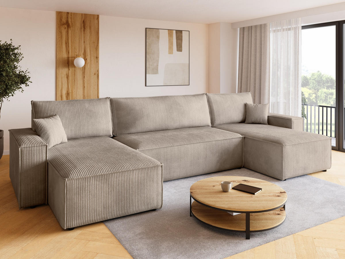 WOHNLANDSCHAFT ADI U mit Schlaffunktion Cordstoff Beige - Beige, Textil (312/85/143cm) - Bromarkt