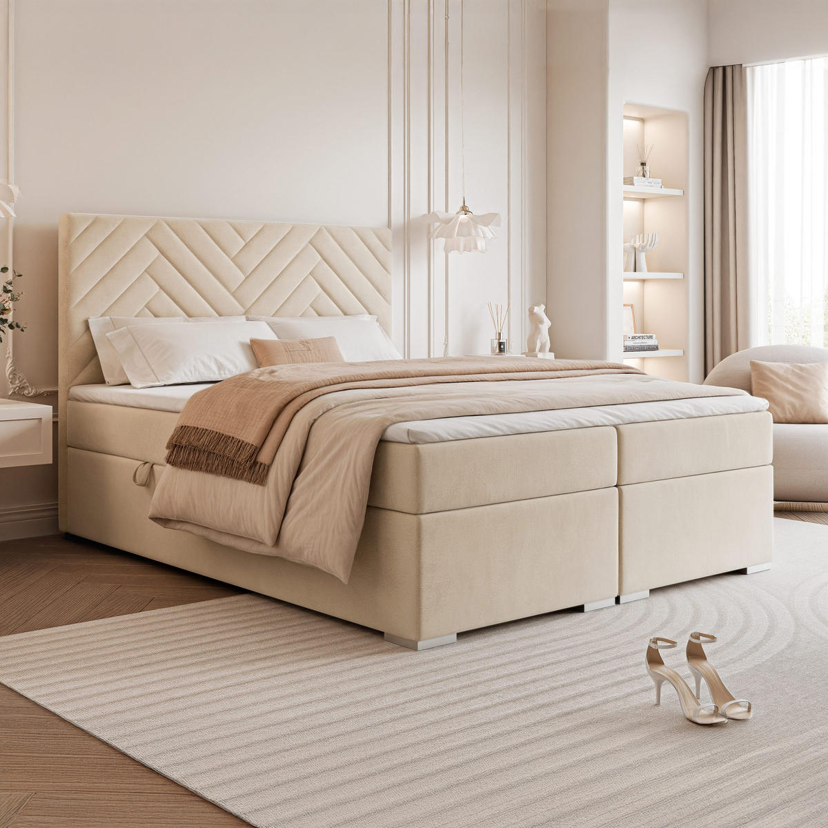 BOXBETT NEREA 160/200 cm mit Matratze und Topper, Hellbeige - Sandfarben, Textil (160/200cm) - Idohome