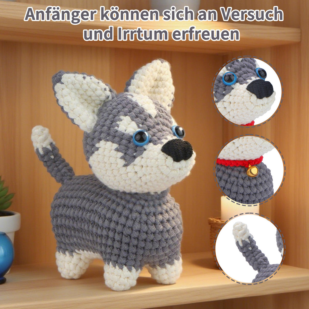 KOMPLET za kvačkanje haskijev, amigurumi za začetnike z navodili in dodatki - siva, tekstil (1/1/1cm)