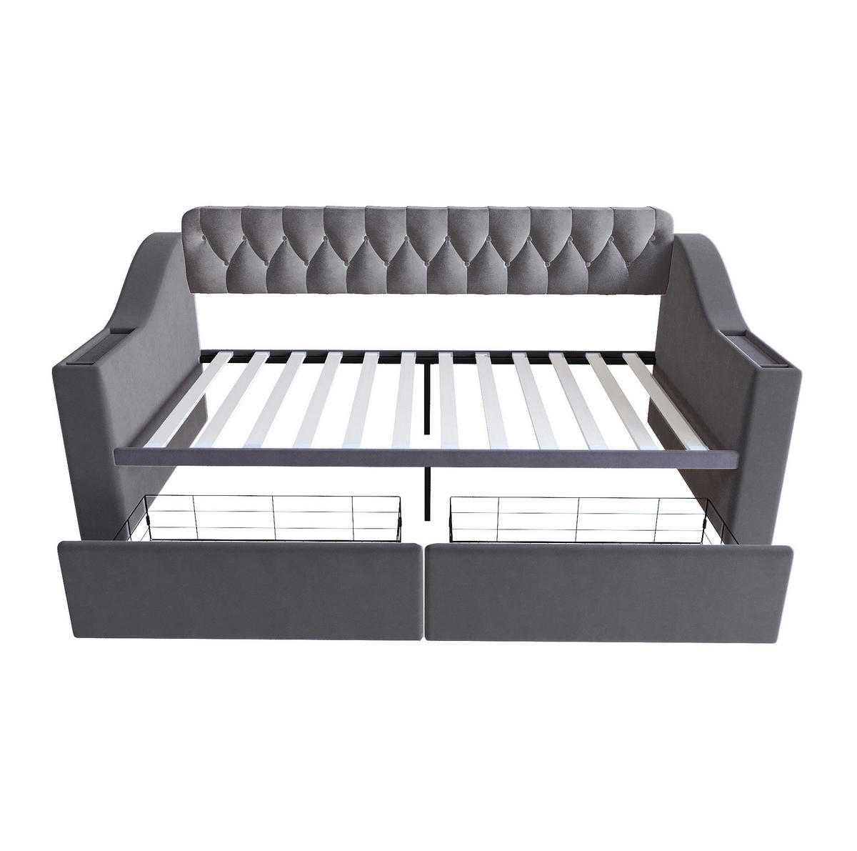 POLSTERBETT aus Samt 90x190 cm Dunkelgrau mit USB- und Typ-C-Anschluss, Stauraumarmlehnen und 2 Schubladen - Grau, Textil (90/190cm) - Modfu